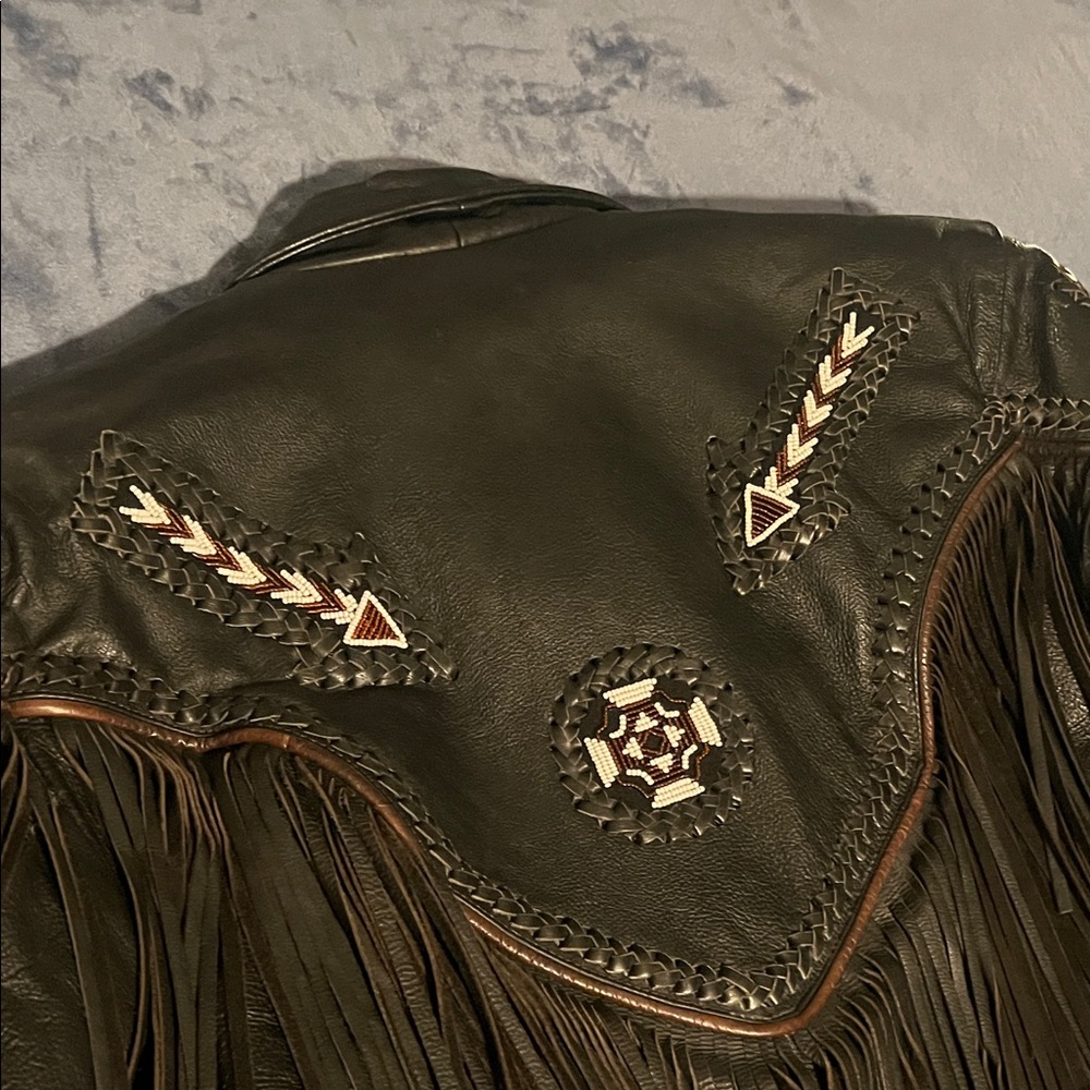 Vintage Unik Black Leather Jacket with Fringe, Beads & Braiding - Picture 6 of 16